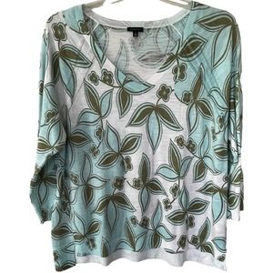 Talbots Seafoam Green White Floral V Neck Pullover Sweater size XL